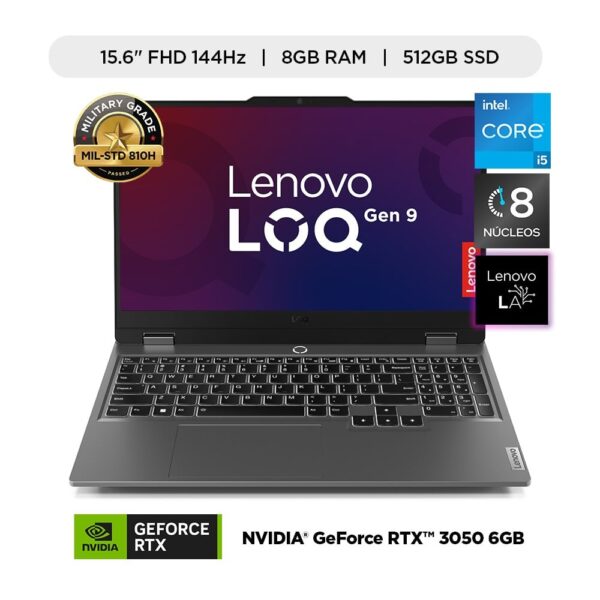 LAPTOP LENOVO LOQ INTEL CORE I5-12450HX 8GB RAM 512GB SSD NVIDIA® GEFORCE RTX™ 3050 6GB 15.6"